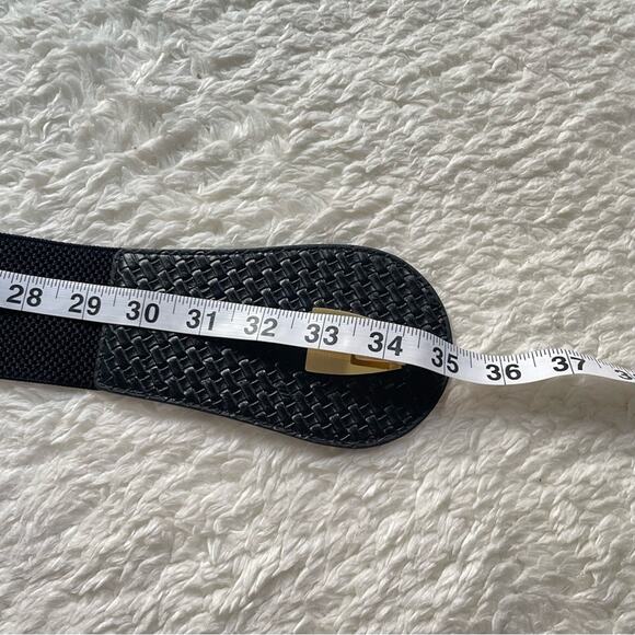 Black Chunky Gold Metal Buckle Woven Stretch Belt Statement Waist Cincher M/L - Picture 4 of 9